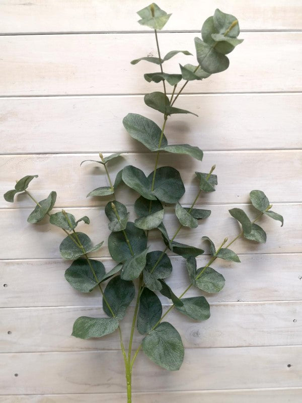 Large velvet eucalyptus spray with soft, lush leaves, perfect for elegant home decor and maintenance-free greenery.