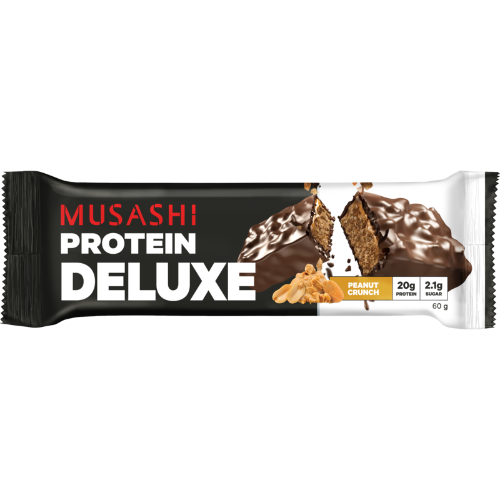 Musashi Peanut Crunch Deluxe Protein Bars in a box of 12, each with 20g protein and delicious chocolate coating.