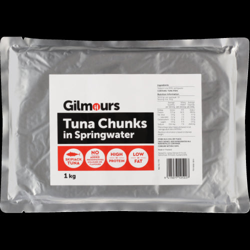 Gilmours Tuna Chunks in Spring Water 1kg, premium tuna packed in spring water, rich in omega-3s and protein, perfect for meals.