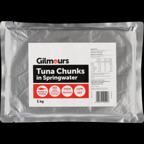 Gilmours Tuna Chunks in Spring Water 1kg, premium tuna packed in spring water, rich in omega-3s and protein, perfect for meals.