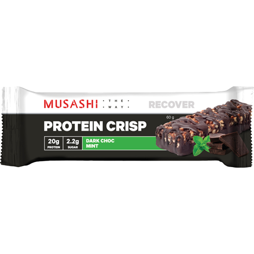 Musashi Dark Choc Mint Protein Crisp Bar box featuring 12 bars, each with 20g protein and a blend of crispy, chocolatey mint flavors.