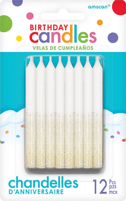 Candles White & Gold Glitter Dip 8cm - Pack of (12)