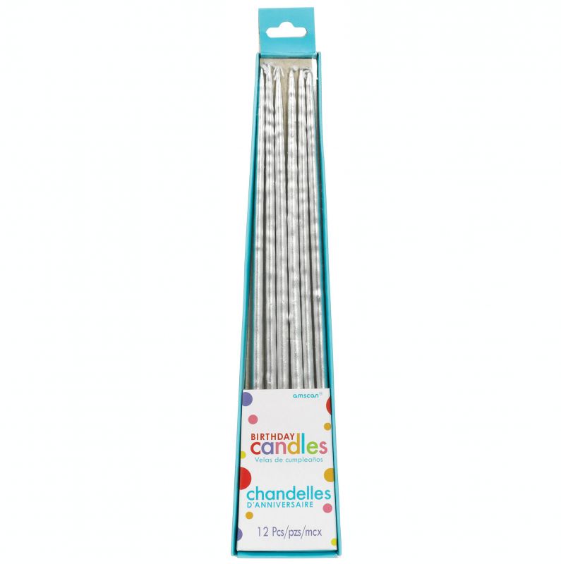 Silver Long Thin Taper Candles - Pack of (12)