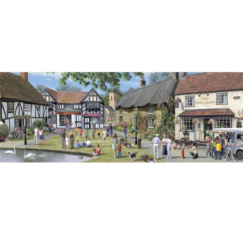 748-piece puzzle featuring a panoramic scene of charming English village pubs by artist Victor Mclindon, perfect for summer puzzling.