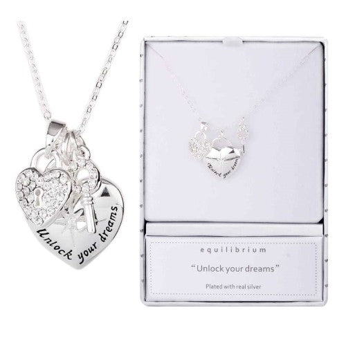 Equilibrium Lock Key Necklace featuring a silver plate, symbolizes love and connection, ideal for gifts and everyday wear.