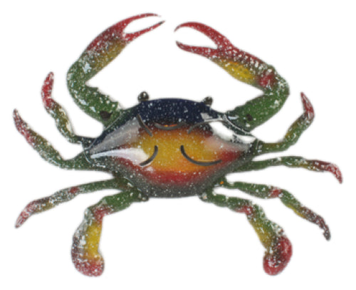 Colorful metal wall hanging featuring intricate crab design, perfect for coastal decor in any room.