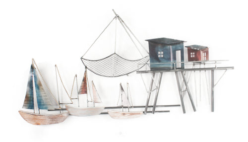 Elegant Dockyards Metal Wall Hanging featuring intricate maritime designs, perfect for beach-themed decor.