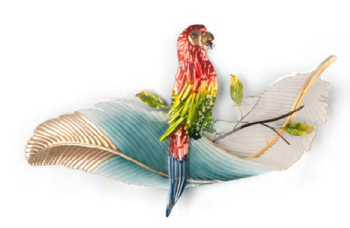 Vibrant metal wall art featuring a parrot perched on a lush green leaf, perfect for adding tropical charm to your space.