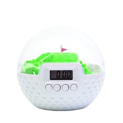 Golf ball-shaped alarm clock (10cm) with integrated putting game to silence the alarm for a fun wake-up experience.