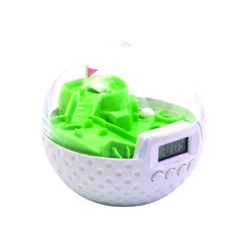 Fun golf ball alarm clock (10cm) with integrated game; silence the alarm by putting the ball in the hole. Perfect for golfers!