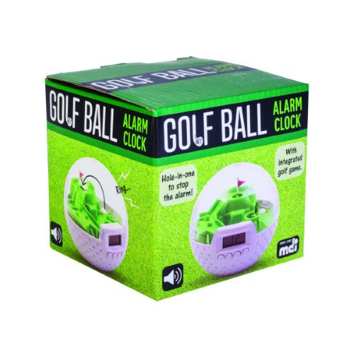 Sports Alarm Clock in a golf ball design, features a game to silence alarm by putting ball into hole; 10cm diameter.
