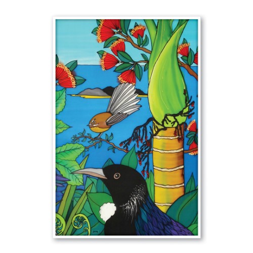 Jo May Kiwiana canvas print featuring vibrant Tui & Fantail birds, perfect for adding charm to any room.