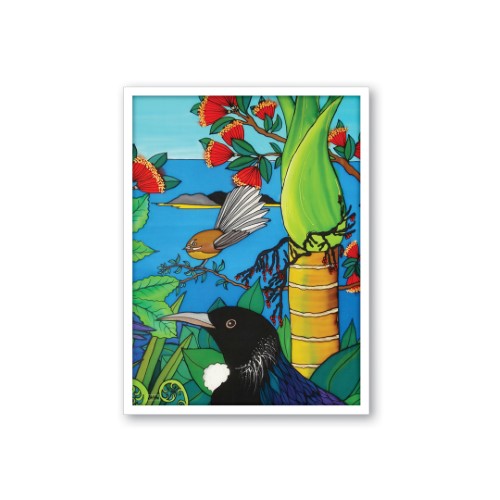 Jo May Kiwiana Framed Canvas Print featuring Tui & Fantail, showcasing vibrant New Zealand wildlife art in a sleek frame.