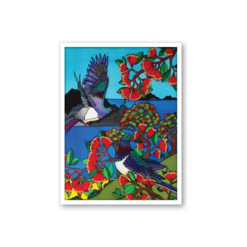 Framed canvas print of a Wood Pigeon by Jo May, showcasing vibrant Kiwiana art reflecting New Zealand's native wildlife.