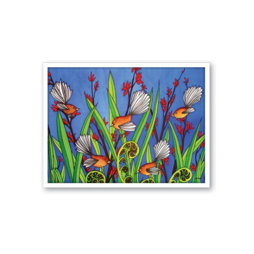 Framed canvas print of Fantails by Jo May, showcasing vibrant birds that enhance any space with Kiwiana charm.