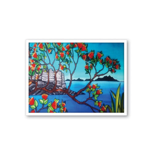 Framed canvas print of Pohutukawa tree and coastline, showcasing New Zealand's beauty and vibrant color.