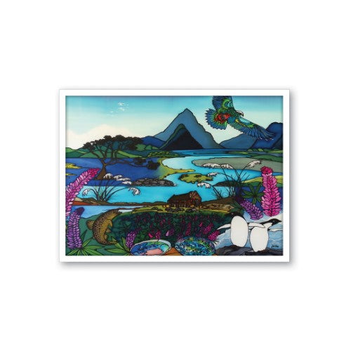 Framed canvas print of South Island scenery by Jo May, showcasing vibrant landscapes and New Zealand’s natural beauty.