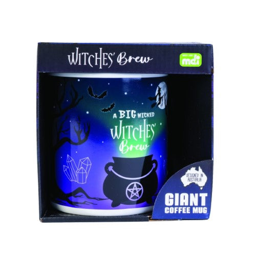Giant ceramic mug styled like a witches' cauldron, with a 900ml capacity and whimsical mystical design.