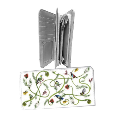 Sophie Blokker Kiwiana Wallet in Birds & Flora print, featuring black lining and ample space for cards and cash.