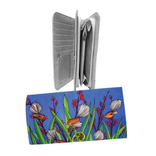Kiwiana wallet featuring Fantails design on PU material with black lining, perfect for cards, cash, and coins.