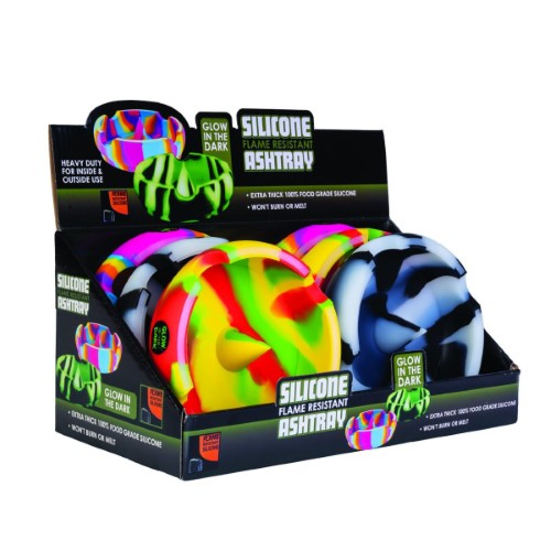 Set of 6 glow-in-the-dark silicone ashtrays, durable and stylish for cigarettes, cigars, and pipes. Perfect for indoor/outdoor use.