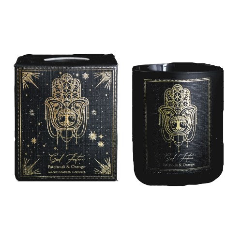 Good Fortune Patchouli & Orange candle in black frosted glass, featuring gemstone chips and a 20-hour burn time for manifestation.