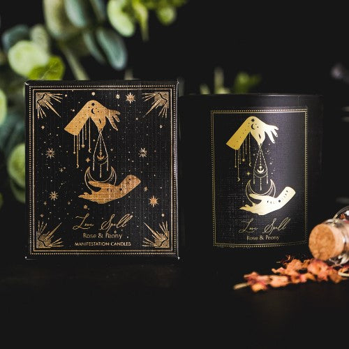 Love Spell Rose & Peony Manifestation Candle in black frosted glass, with gemstone chips and 20-hour burn time for spiritual rituals.