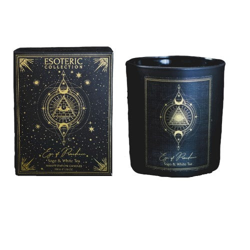 Eye of Providence candle in black frosted glass, featuring gemstone chips, sage and white tea scent, for 20-hour spiritual rituals.