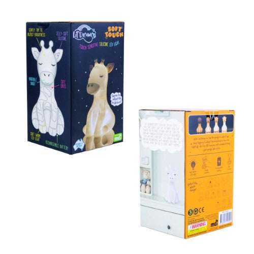 Soft touch LED lamp in the shape of a giraffe, featuring adjustable brightness and a soothing glow for children's bedrooms.