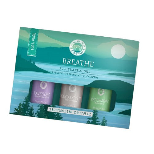Breathe Essential Oil gift pack featuring 3 x 5ml bottles of Peppermint, Eucalyptus, and Lavender for wellness and relaxation.