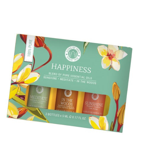 Happiness Essential Oil Pack of 3 - 5ml bottles featuring uplifting blends: Sunshine, Meditate, In The Woods for joy and positivity.