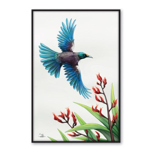 Framed canvas print of a tui in flight, capturing New Zealand's beauty with vibrant colors and intricate details.