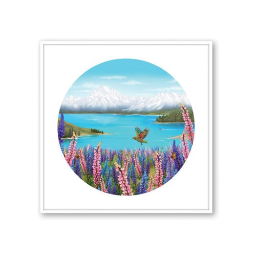 Framed canvas print of Lake Tekapo, showcasing vibrant turquoise waters and mountains, perfect for Kiwiana home decor.