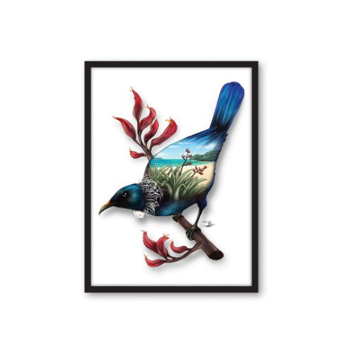 Framed canvas print of a Tui bird, showcasing vibrant colors and New Zealand's Kiwiana essence, perfect for home decor.