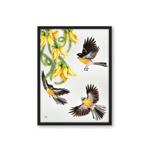 Framed canvas print of a fantail in flight, showcasing vibrant colors and intricate details, perfect for enriching any decor.