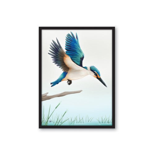 Framed canvas print of a Kingfisher in flight, showcasing vibrant New Zealand wildlife for elegant home decor.