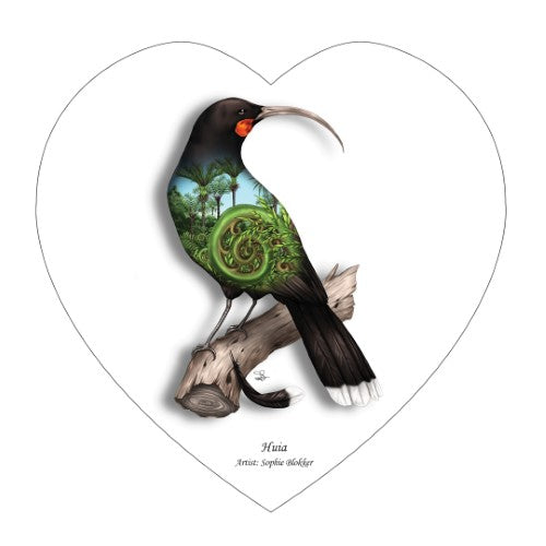Ceramic heart wall hanging featuring a Huia design, 15cm x 15cm, perfect for Kiwiana-inspired home decor.