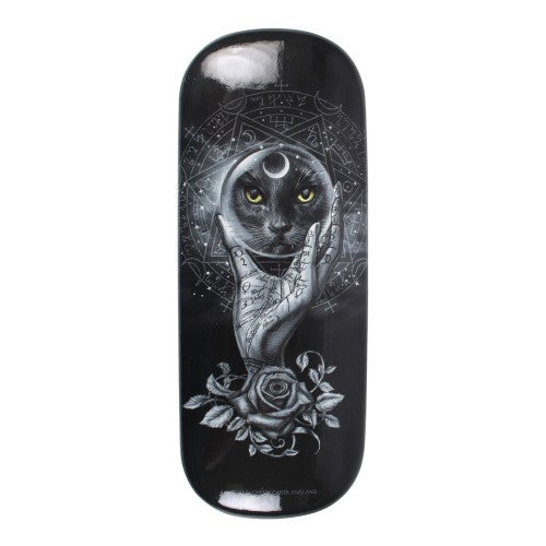 Stylish glasses case with Grimalkin's Glass black cat design, featuring hard shell protection and a cleaning cloth.
