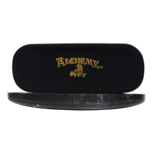 Hard shell glasses case featuring whimsical 'Grimalkin's Glass' black cat artwork, includes microfibre cleaning cloth.