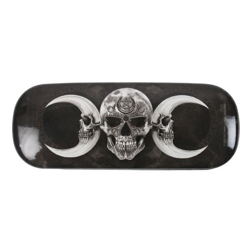 Hard shell glasses case with Dark Goddess skull design, includes microfiber cloth for cleaning, stylish and gothic accessory.