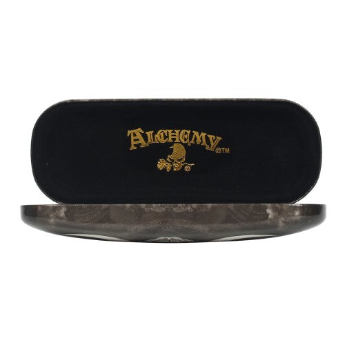 Hard shell glasses case with 'Dark Goddess' skull design, includes microfiber cloth for lens cleaning; gothic style accessory.