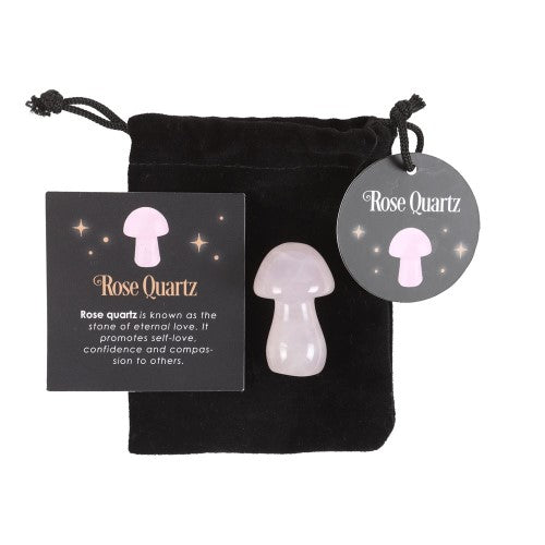 Rose Quartz Magical Crystal Mushroom: polished pink crystal mushroom promoting self-love and peace, perfect for decor or spiritual practice.