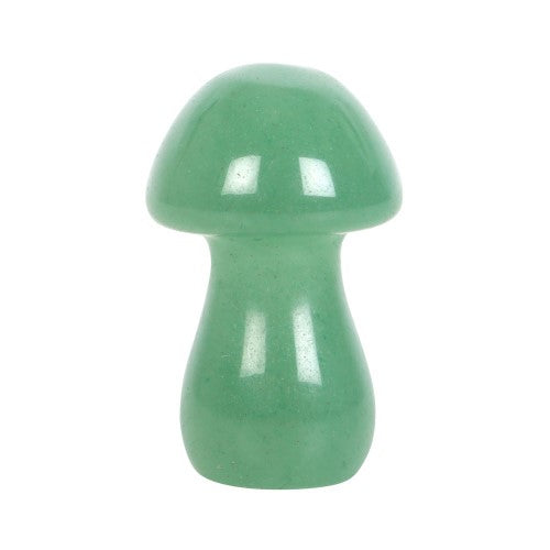 Polished aventurine crystal mushroom, 3.5cm tall, promotes strength and bravery; a mystical decor piece for healing journeys.