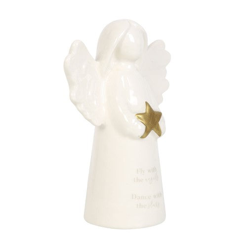 Delicate white ceramic angel ornament with gold star, conveying "Fly with the angels, Dance with the stars" sentiment.
