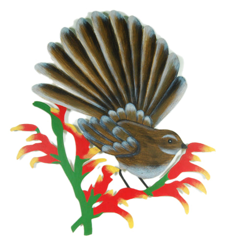 Elegant metal laser cut wall hanging of a Fantail bird, perfect for adding charm to any living space.