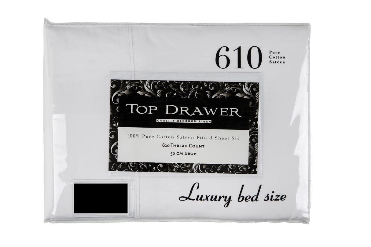 Super King Sheet Set in white, 610TC cotton sateen, designed for Tempur mattresses, includes flat and fitted sheets plus pillowcases.