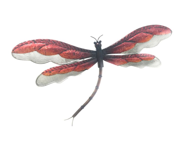 Vibrant red metal dragonfly wall hanging, 2 x 40 x 22 cm, adds elegance and nature-inspired decor to any space.