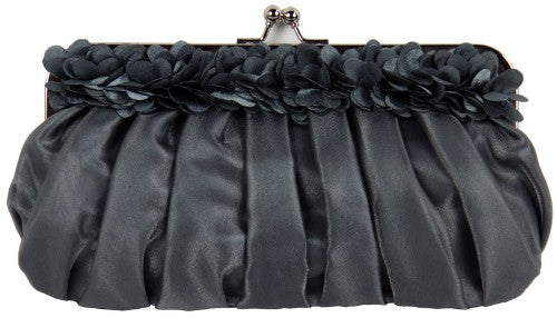 Chic slate clutch bag with gathered design and bow, ideal for evening events, includes strap for versatile wear.