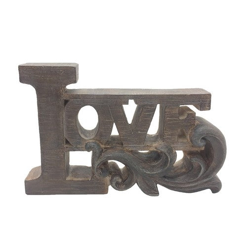 Warm brown "Love" plaque, 19 x 4 x 12.5 cm, perfect for home décor, adding a cozy touch to any space.