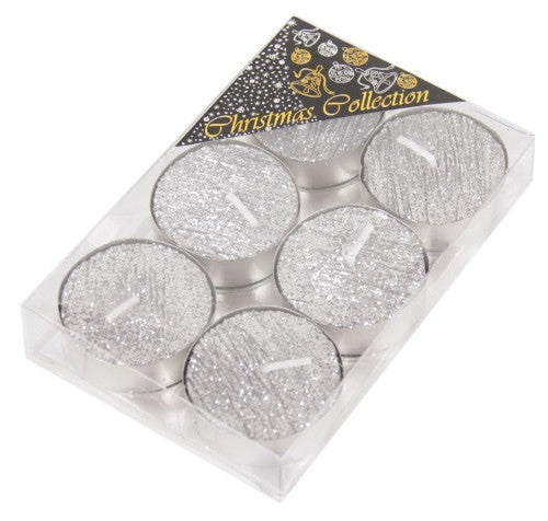 Set of 6 elegant silver tea light candles, ideal for warm ambiance and stylish home decor. Perfect for any occasion.